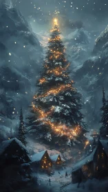 Snow covered village beneath illuminated fir tree at night.