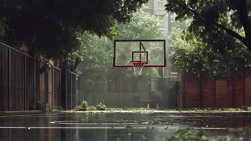 Rain-soaked urban basketball court rests under lush green trees.