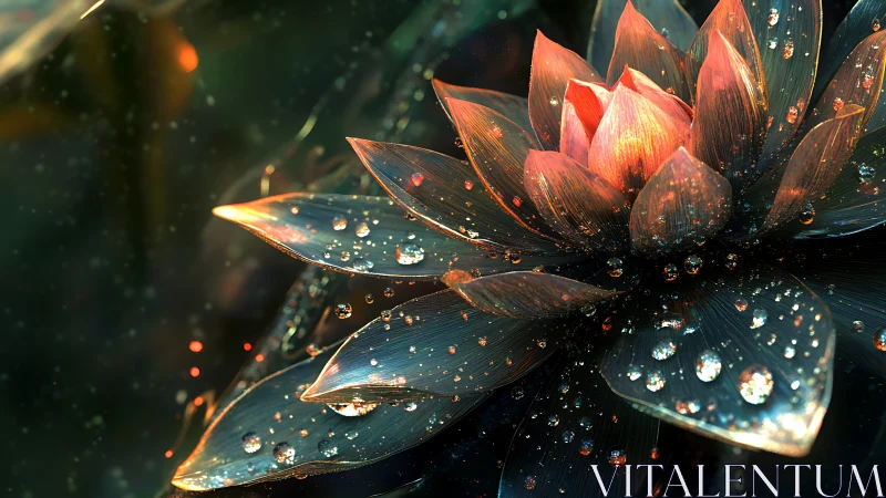 Luminescent Lotus Flower with Dew Drops Glowing in Ethereal Light