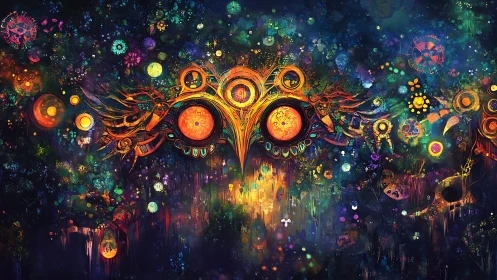 Cosmic owl mask radiating neon galaxies and prismatic orbs.