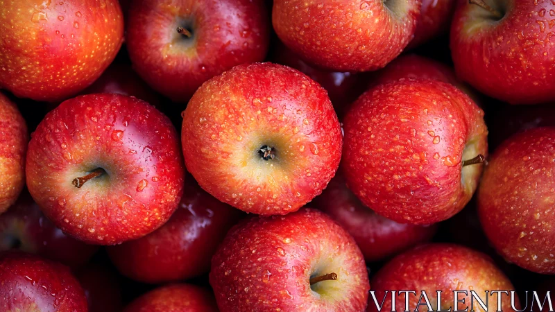 Close-up overhead view documents wet red apples in bulk