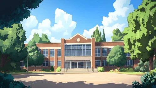 Brick school facade under bright midday sky, framed trees.