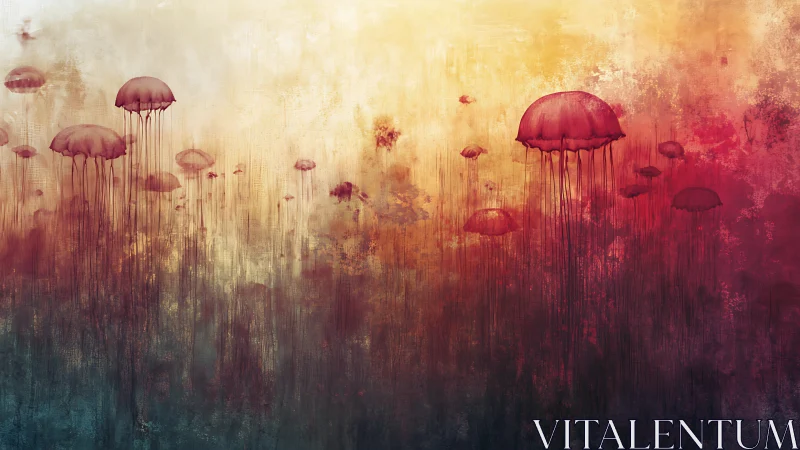 Crimson jellyfish drift like lanterns through painted dusk