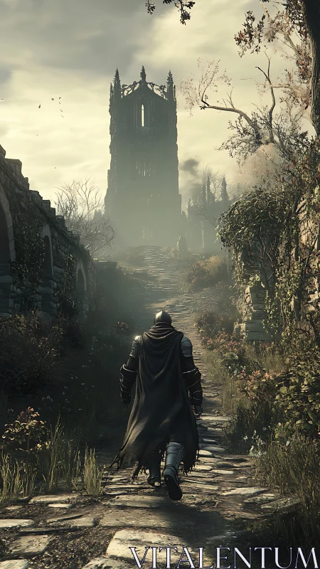 Lone knight ascending a ruined tower road of muted embers.