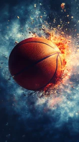 Blazing basketball streaks through clouds in a dramatic sky