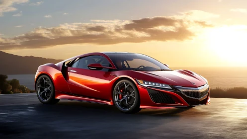 Red sports coupe parked by ocean road at sunset.