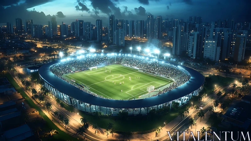 Nocturnal stadium panorama with urban skyline immersion.