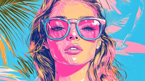 Stylized portrait of woman with sunglasses and palm leaves.