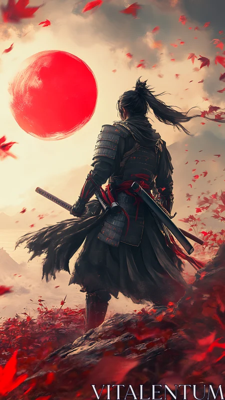 Armored swordsman observing red sun over leaf-strewn slope.