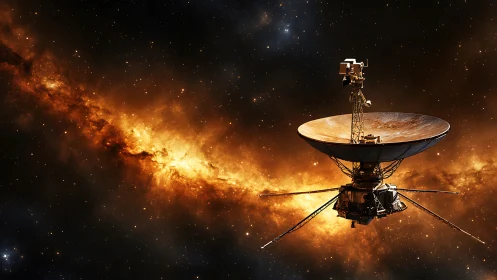 Deep space probe with large dish antenna crossing star field