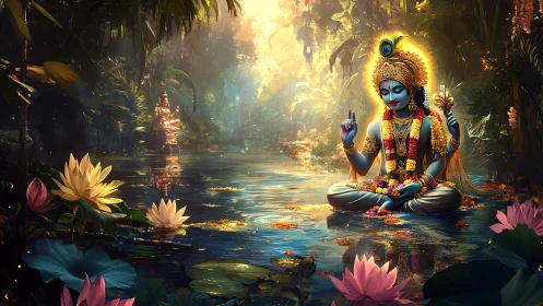 Divine blue deity meditates on reflective lotus pond with luminous halo