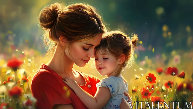 Golden Hour Embrace: Mother and Child in Blooming Meadow