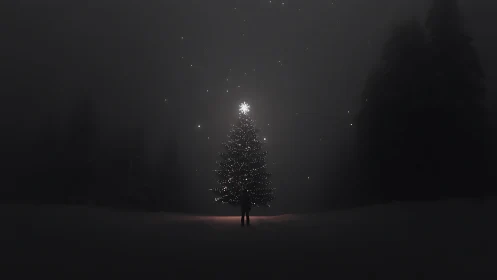 Solitary lit Christmas tree glowing through winter fog.