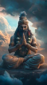 Meditating sage in ornate attire above dramatic clouds.
