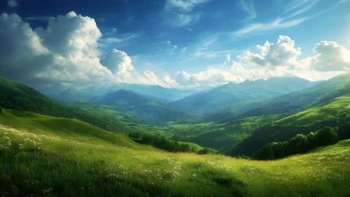 Lush green valley with distant blue mountains and clouds.