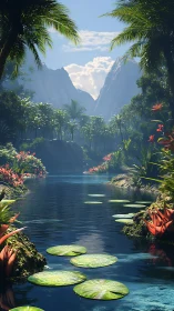 Sunlit jungle river with lilies and distant granite peaks.