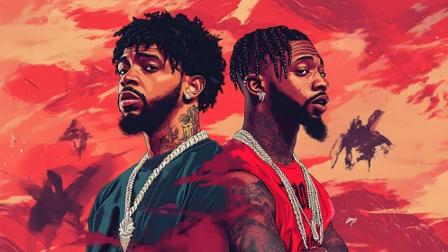 Dual hip-hop portraits amid fiery abstract skies.