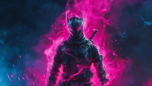 Neon flame warrior steps forward in bold electric colors