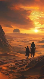 Desert wanderers under twin suns on alien horizon.