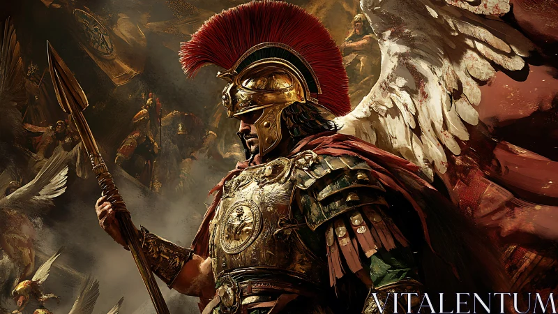 Winged warrior stands ready in gleaming golden armor of legend