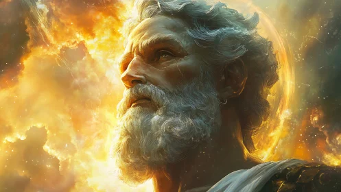 Elderly male profile is rendered against luminous nebula background