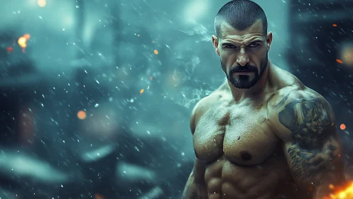 Shirtless muscular man in blizzard with cinematic blue lighting.