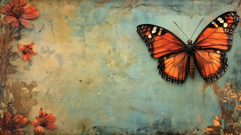 Orange butterfly rests on vintage blue floral textured canvas