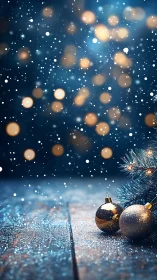 Christmas ornaments on wooden surface with snowfall and lights.