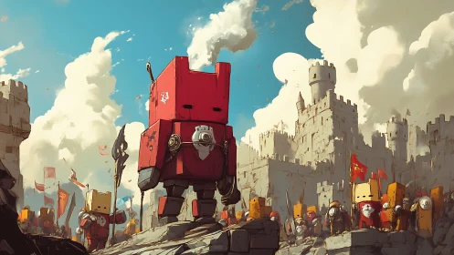Boxy crimson warlord marches on the toy-like stone citadel