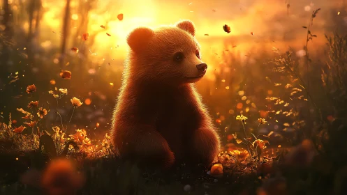 Baby bear sitting in glowing sunset wildflower meadow.