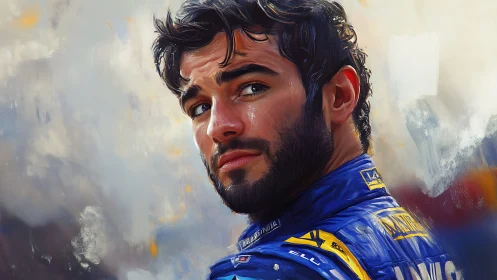 Portrait of racing driver rendered in expressive digital brushwork