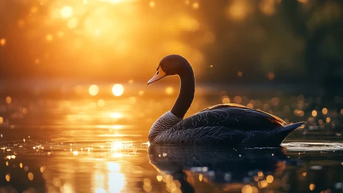 Golden sunset illuminates a tranquil black swan on water.