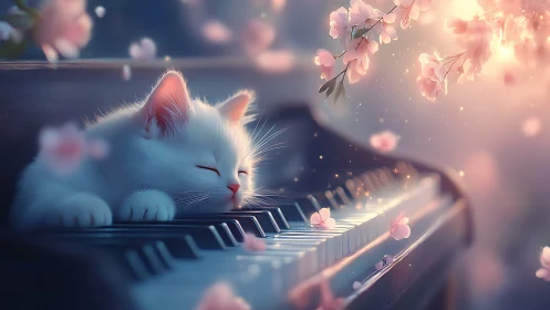 White Cat Playing Piano Among Pink Cherry Blossoms.