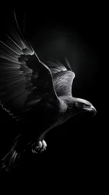 Soaring eagle stretches wide wings in bold black night sky