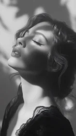 Monochrome portrait captures sculpted light on serene face.