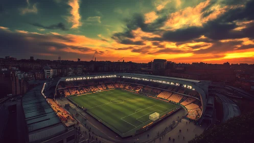 Sunset-lit city football stadium under dramatic sky panorama.