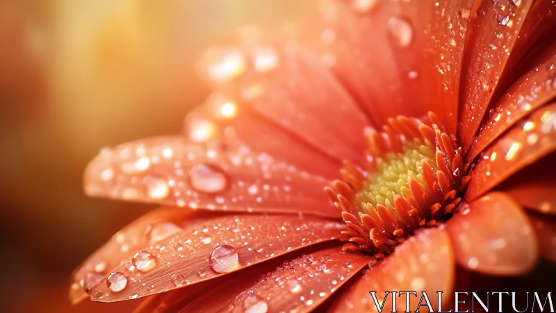 Red Gerbera Daisies Jeweled with Raindrops in Golden Light.