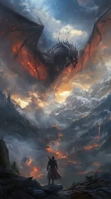 Armored dragon dominates volcanic valley as lone warrior confronts