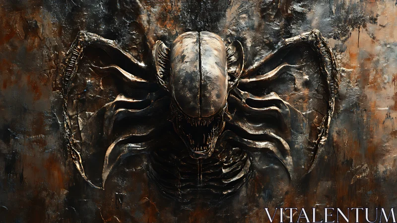 Rust-crowned biomech predator bursting from corroded wall.