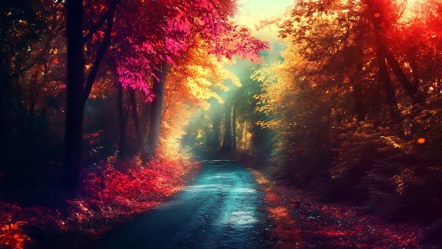 Forest Path with Luminous Autumn Light and Turquoise Stream.