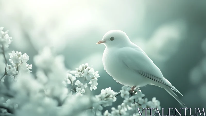 White bird perched among pale blooming flowers.
