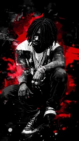 Brooding street musician rests in bold red splatter art