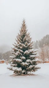 Solitary snow-laden fir tree anchors a misty alpine meadow