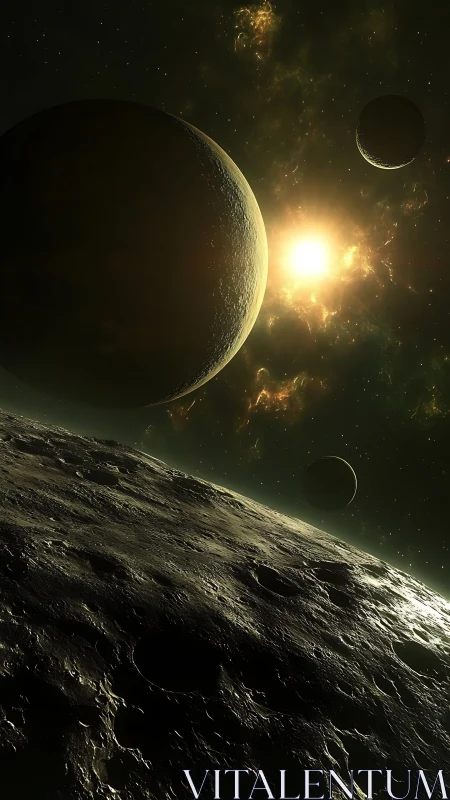 Triad of shadowed worlds orbit a burning newborn sun.