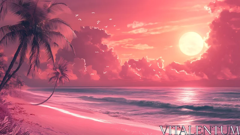 Dreamy pink shoreline under a glowing tropical moon.