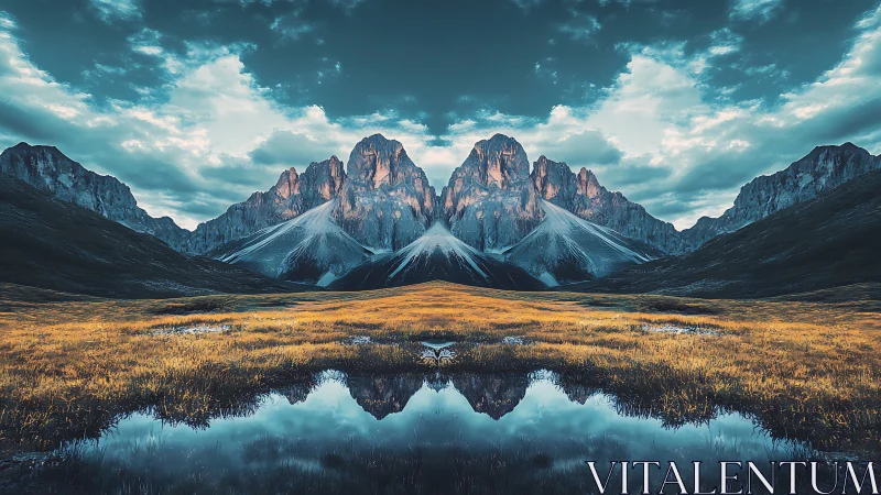 Golden valley and mirrored peaks in peaceful evening light.