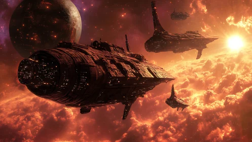 Massive starships traverse dense orange nebular cloud field