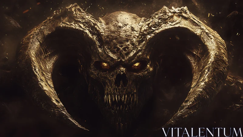 Demonic horned skull emerges from molten shadowed void.
