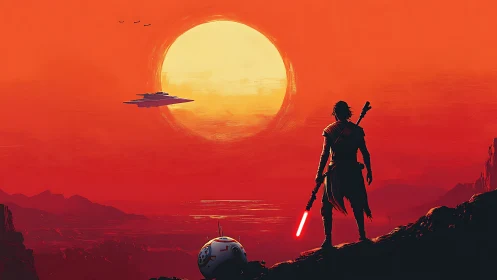 Silhouetted figure with droid observing spacecraft at sunset.