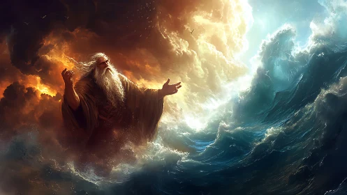 Elderly robed figure stands between luminous clouds and sea